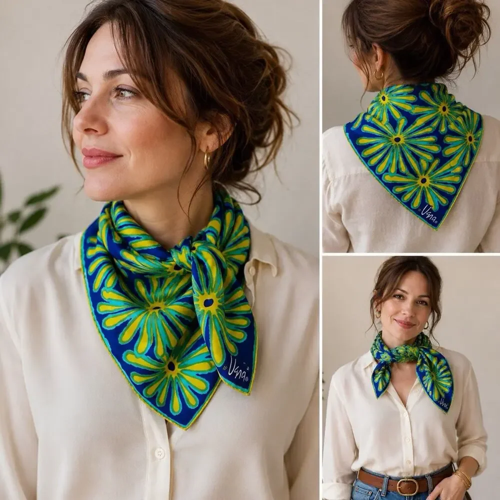 Vintage Silk Vera Neumann Scarf 22x23 Blue Aqua Yellow Floral Mod Signed EUC